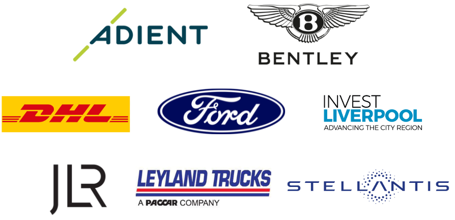 Logos for Adient, Bentley Motors, DHL, Ford, Invest Liverpool, JLR, Leyland Trucks and Stellantis